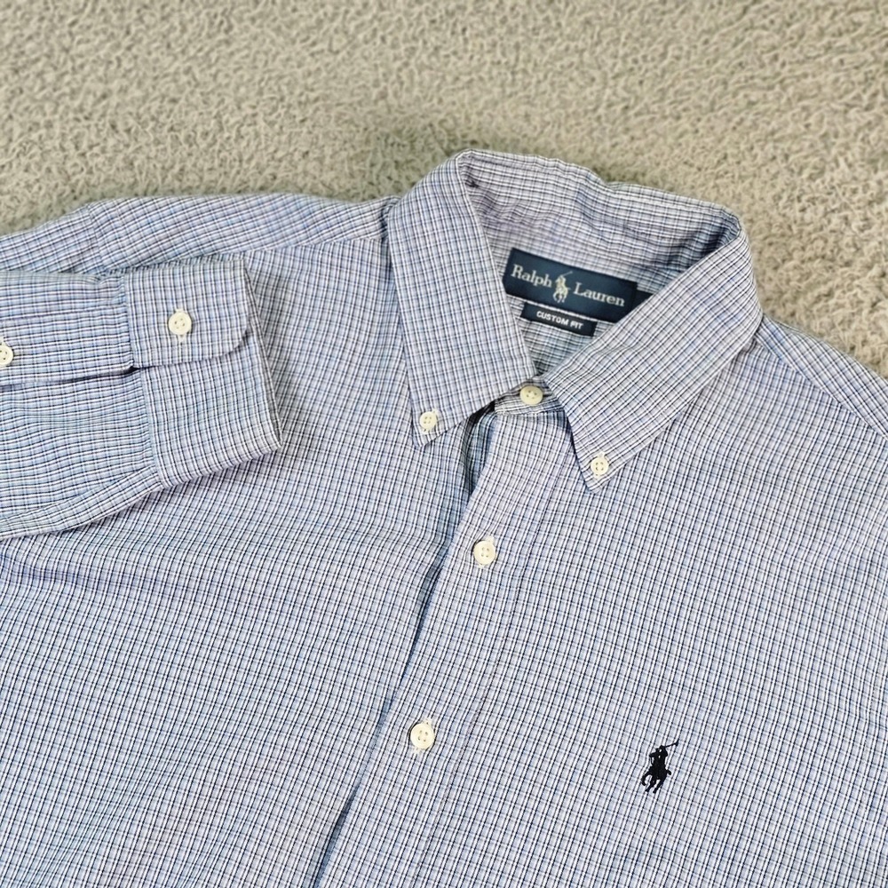 Ralph Lauren Shirt Mens Medium Blue Check Custom Fit Long Sleeve Button Down